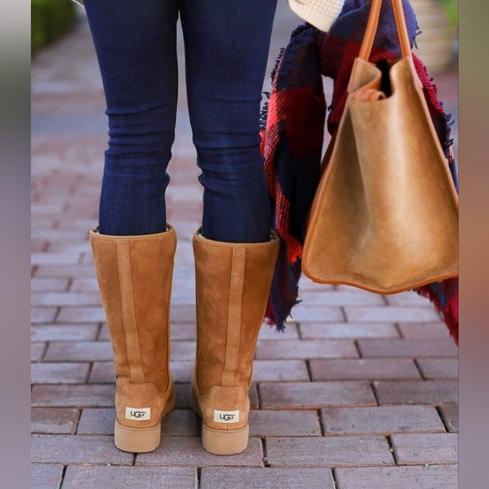 UGG Viral Classic Ultra Mini Platform Boots Chestnut Tan Suede Fur Lined Trendy
